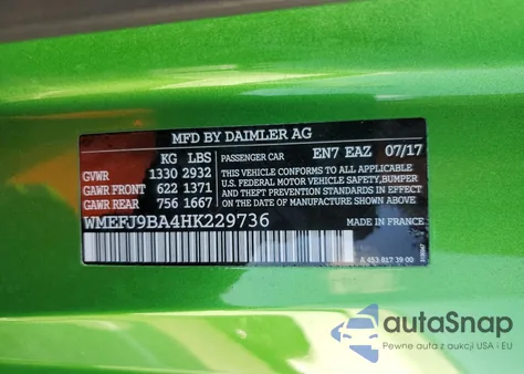 2017 Smart Fortwo z USA, uszkodzony, nr VIN WMEFJ9BA4HK229736